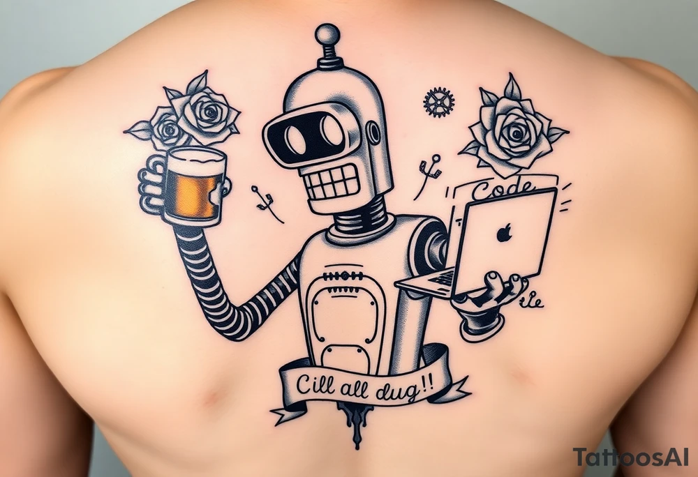 Neo-traditional tattoo of a robot inspired by Bender from Futurama, holding a beer mug in one hand and a laptop in the other. The design features bold outlines, rich shading, and saturated colors. Surround the robot with classic motifs like roses, gears, and small banners with text like 'Kill all bugs' or 'Code or die'. Designed for shoulder placement, in a bold and slightly retro style with modern programming twist. tattoo idea