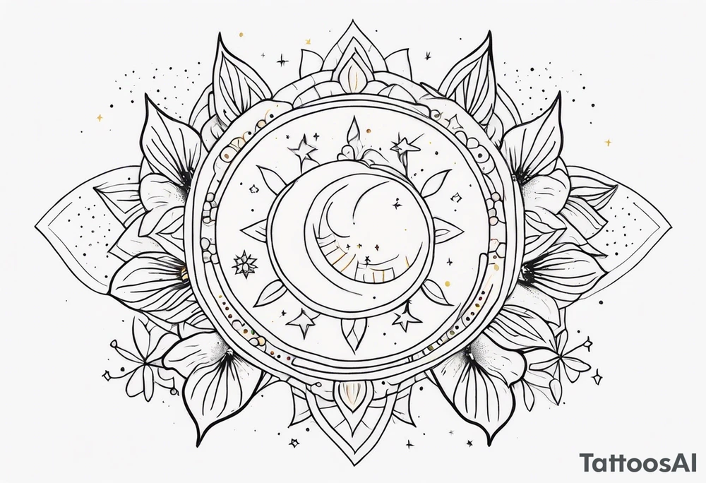 fine line with sun, stars, floral, dots. Sternum tattoo tattoo idea