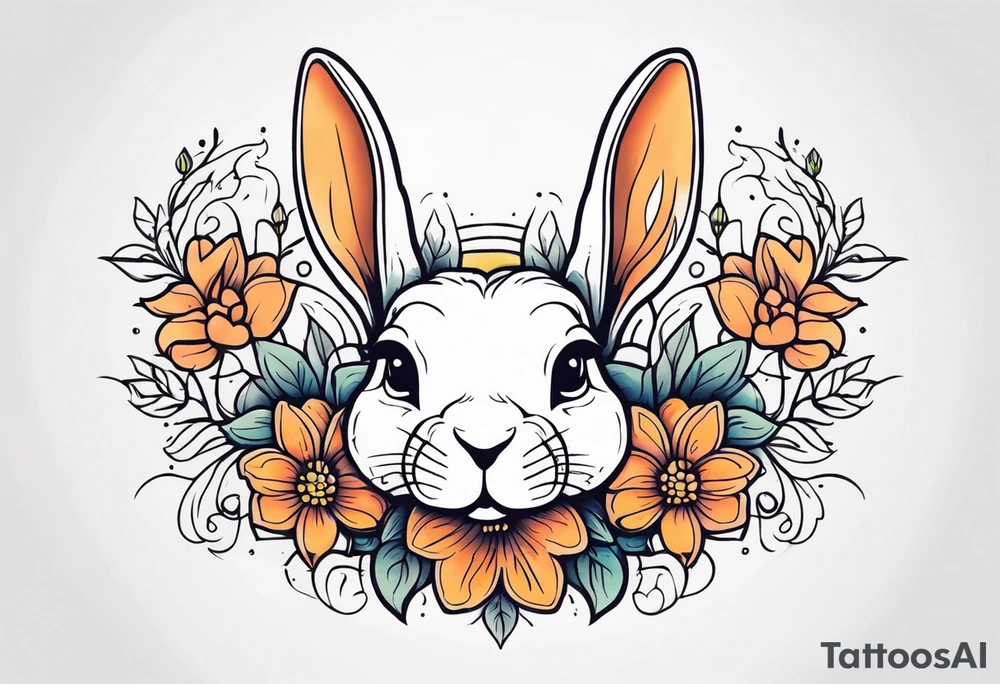 Rabbit head and flowers tattoo idea