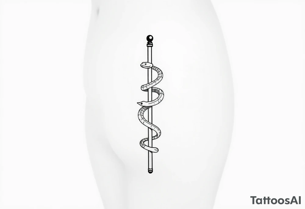 Snake tatto graphic on the hip. Positioned on the hip bone and lower closer to lady parts and leg. Snake symbolically wrapped over the pole (pole dance one). Minimalistic graphic style. Only snake and pole. Positioned horizontally, Pole vertically (not just Pole but a special pole for pole dance, but not to much details). Front view, hip bone is left and lower than belly, only front view. Pole is symbolically outline only like vertical simplified pole without details without beginning and end. Snake is placed diagonally according to the pole, partially wrapped around it and partially positioned on the hip bone from hip bone closer to vagina tattoo idea