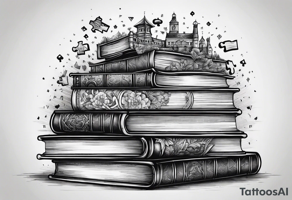 Stack of books with jigsaw puzzle pieces tattoo idea