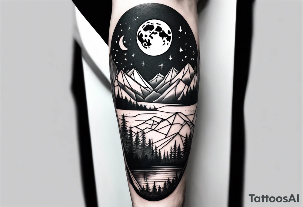 Large forearm geometric nature tattoo with moutains, lake, forest, and a moon. tattoo idea