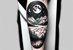 Large forearm geometric nature tattoo with moutains, lake, forest, and a moon. tattoo idea