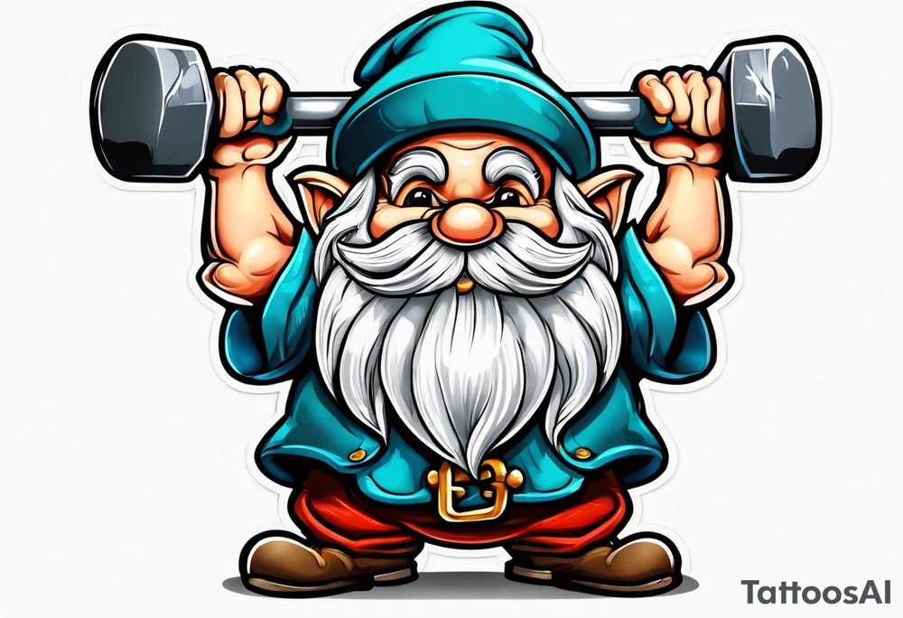Strong old gnome lifting dumbells tattoo idea
