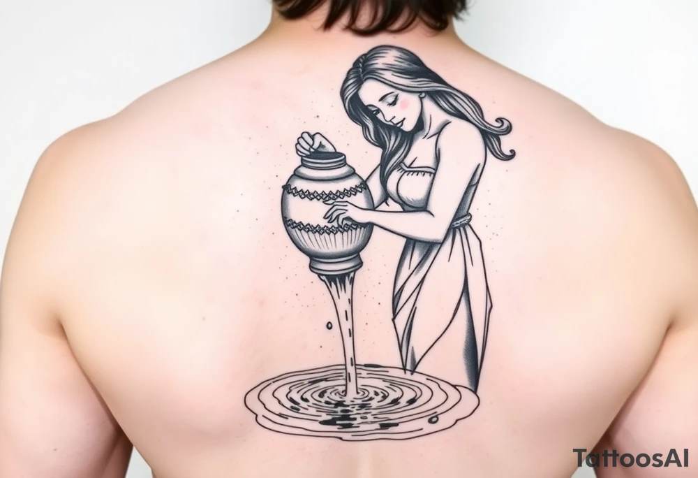Beautiful female water bearer pouring an urn of water that flows into a pool of water tattoo idea