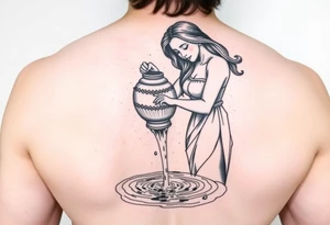 Beautiful female water bearer pouring an urn of water that flows into a pool of water tattoo idea