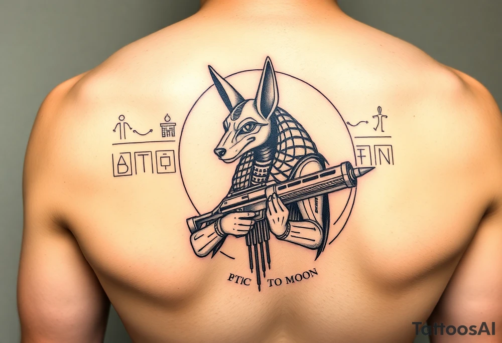"Anubis in a ufo, holding a tommy gun. His jackal head is half-cyborg (exposed circuits). Hieroglyph background spells 'BTC TO THE MOON'.  

Style: Art Deco meets cyber-Egyptian. Black/red/gold ink. Forearm sleeve." tattoo idea