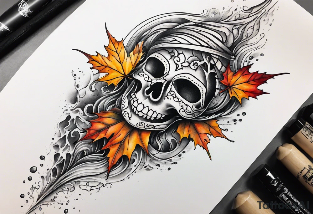 Knee tattoo in fall colors with water flow washes tattoo idea
