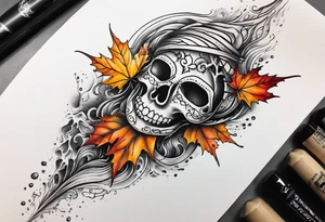Knee tattoo in fall colors with water flow washes tattoo idea