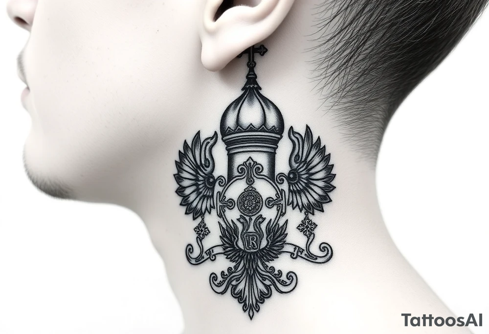 russian coat arms in a russian christian orthodox style virgin mary & orthodox dome church on the side of the neck tattoo idea
