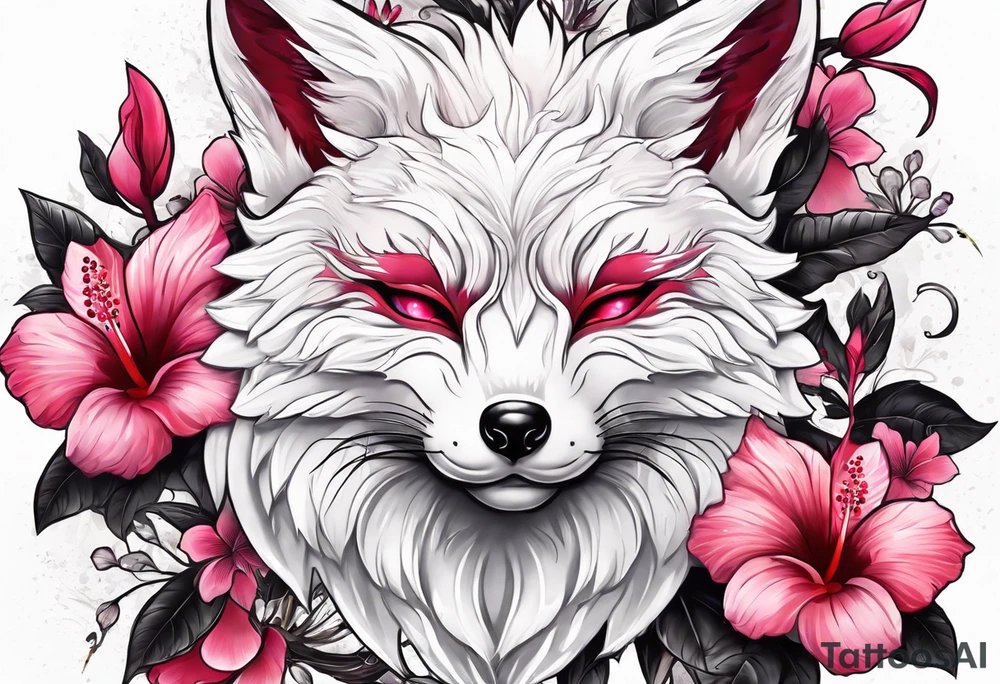 White fox mask with red accents and pink hibiscus flowers tattoo idea