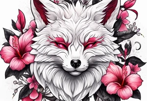 White fox mask with red accents and pink hibiscus flowers tattoo idea