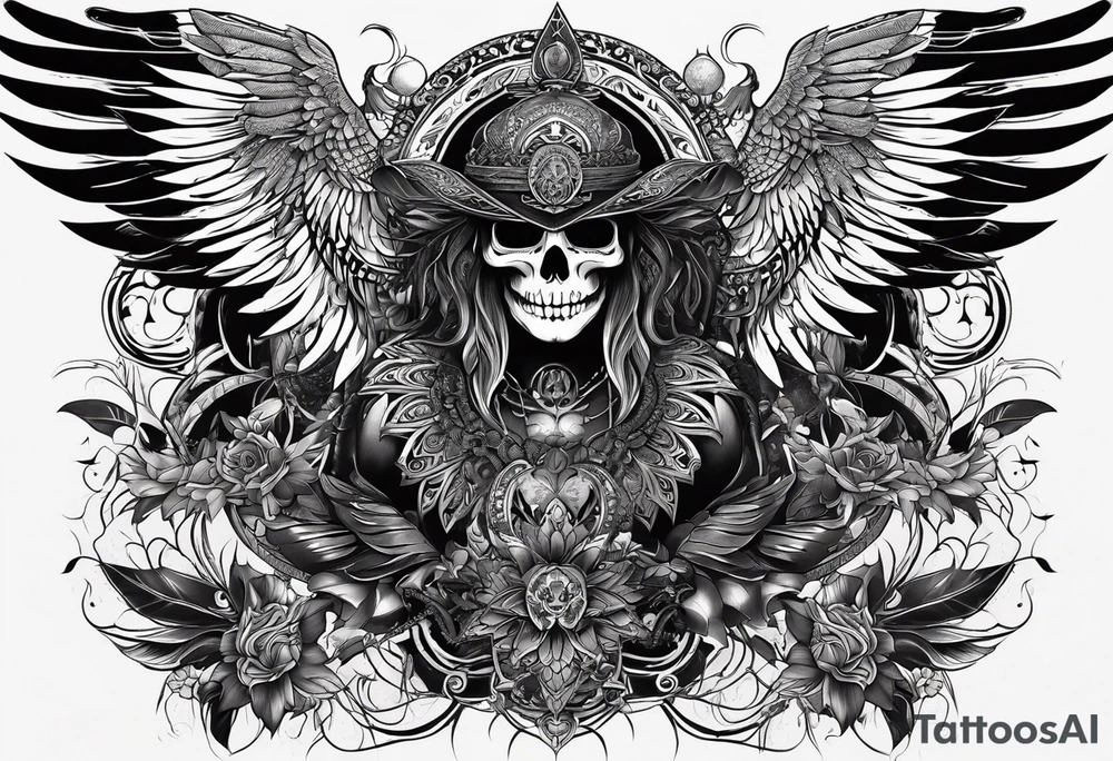 black kali, goddess pirate, alien, pachamama, valkrye, warrior, skull, lotus azul, wing, eagle, zenza resonance, stars, 5D tattoo idea