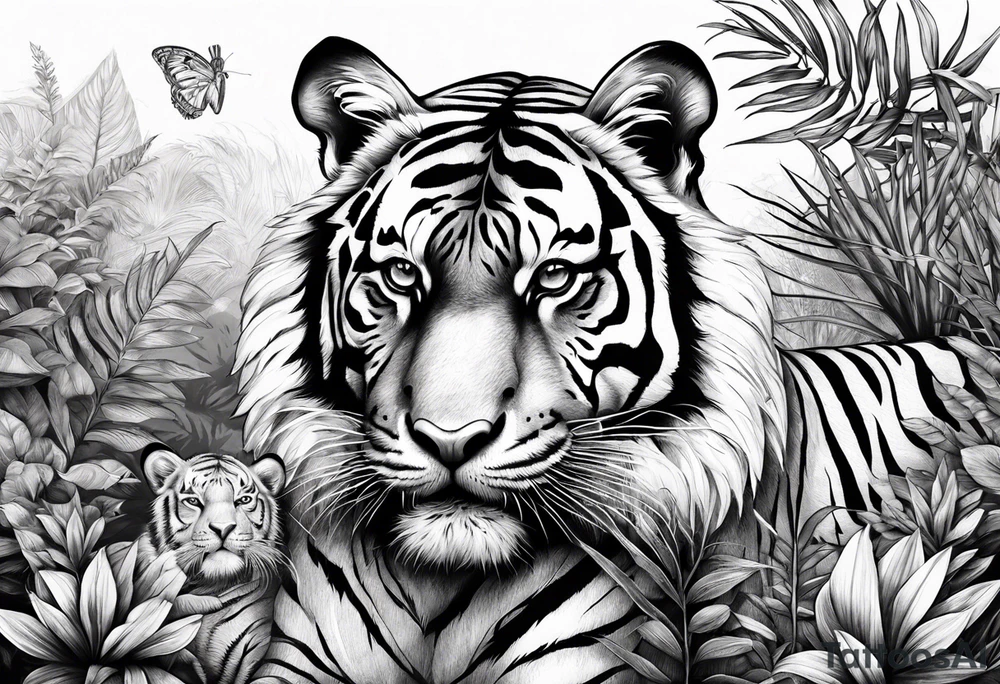 Calm strong tiger in the jungle, with his cubs tattoo idea