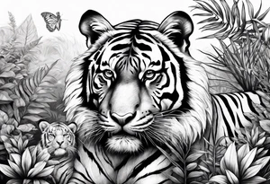 Calm strong tiger in the jungle, with his cubs tattoo idea