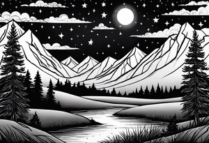 Lighter shaded night sky with stars.  Night sky fading at edges 

Mountains 

Trees with snow on them tattoo idea