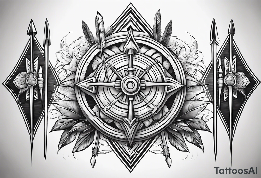 cartoonish style. with three different style of bow arrows crossing each other at the near center of the tattoo. Representing strength and power. tattoo idea