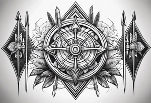 cartoonish style. with three different style of bow arrows crossing each other at the near center of the tattoo. Representing strength and power. tattoo idea