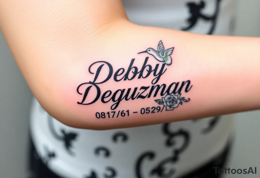 Tattoo of the name Debby Deguzman in chunky bold curly cursive with the exact dates of 08/17/61-05/29/25 surrounded by a hummingbird and a rose tattoo idea