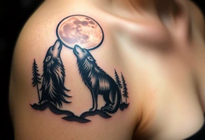 Lone wolf howling at the moon in the forest in the night Columba star tattoo idea