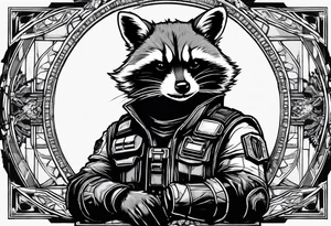 Rocket raccoon sitting with a small black  house cat tattoo idea