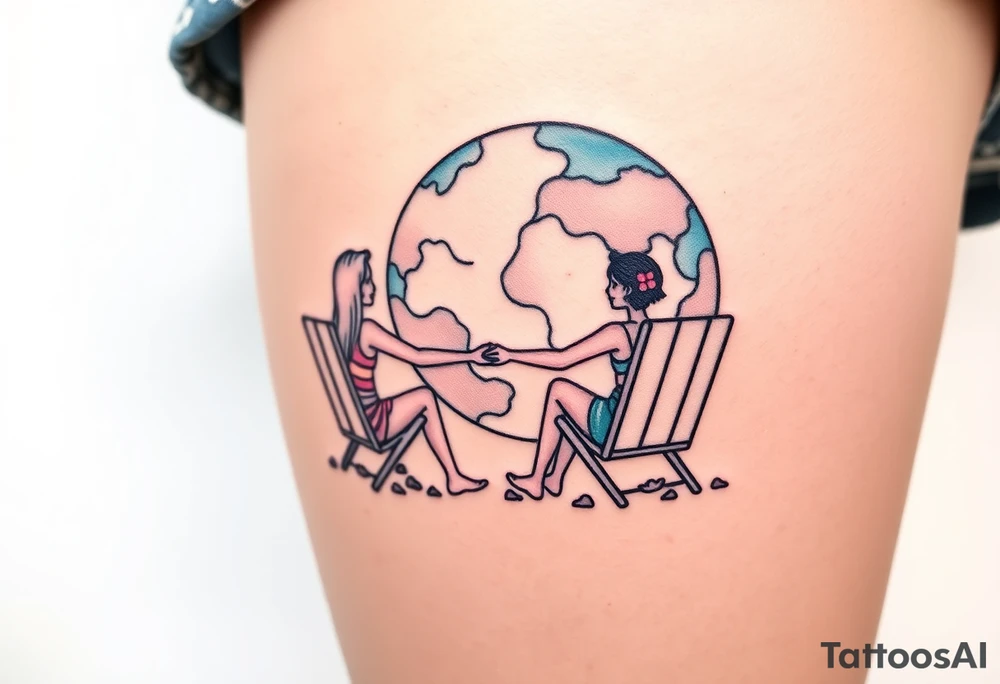 Two people holding hands, sitting in beach chairs, sitting on and giant planet tattoo idea