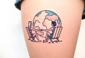 Two people holding hands, sitting in beach chairs, sitting on and giant planet tattoo idea