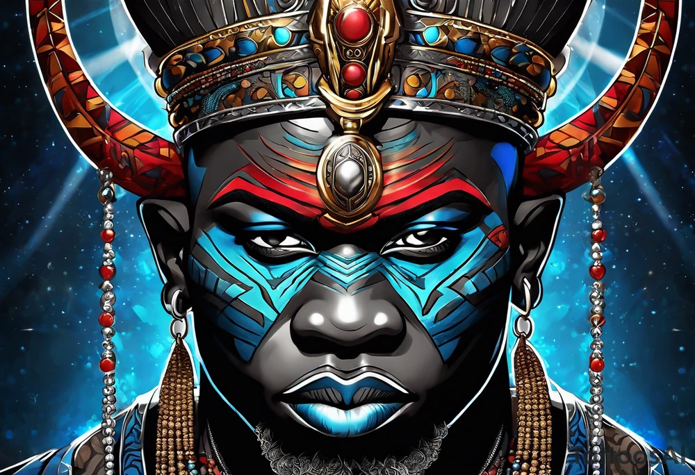An african god, a bald warrior, that uses a sword and a silver crown. He also uses blue and red necklaces tattoo idea