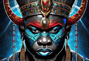 An african god, a bald warrior, that uses a sword and a silver crown. He also uses blue and red necklaces tattoo idea
