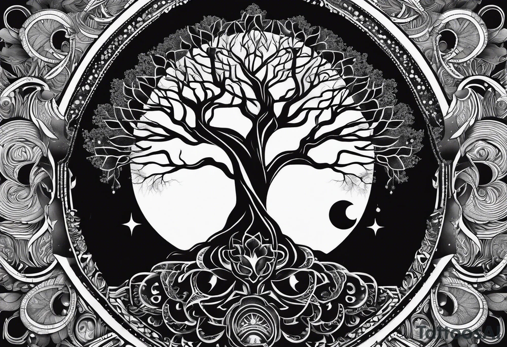 Tree with deep roots, the tree is holding the sun and the moon tattoo idea Tree with deep roots, the tree is holding the sun and the moon tattoo idea