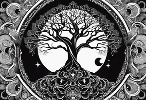 Tree with deep roots, the tree is holding the sun and the moon tattoo idea