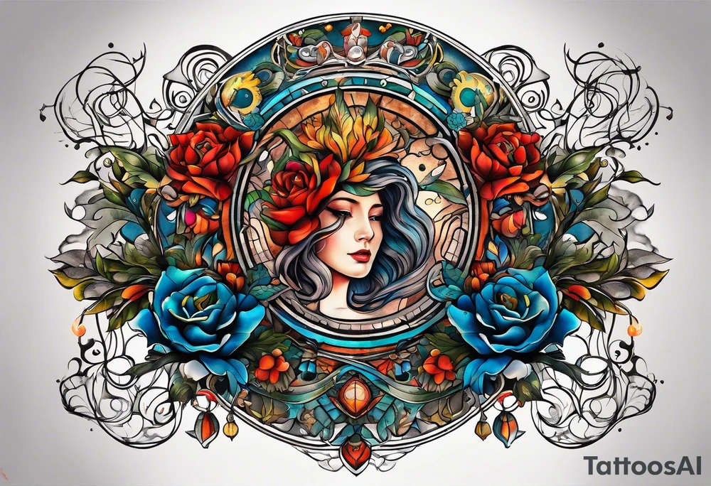 A tattoo design representing the interconnectedness of art, history, and cosmology, with elements of each intertwined in a visually striking way, tattoo idea