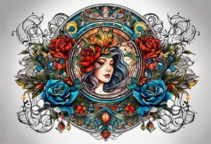 A tattoo design representing the interconnectedness of art, history, and cosmology, with elements of each intertwined in a visually striking way, tattoo idea