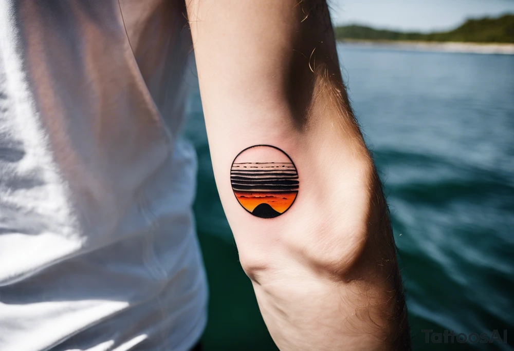 This is an extremely simple and minimalistic tattoo on male forearm. It is black and white with minuscule splashes of orange from the sun. The tattoo 4 inches wide by 2 inches tall. From the perspective of being on the ocean, Water is calm, with no waves in sight, the sun is setting behind the ocean, reflecting light onto the water. The water has shading. tattoo idea