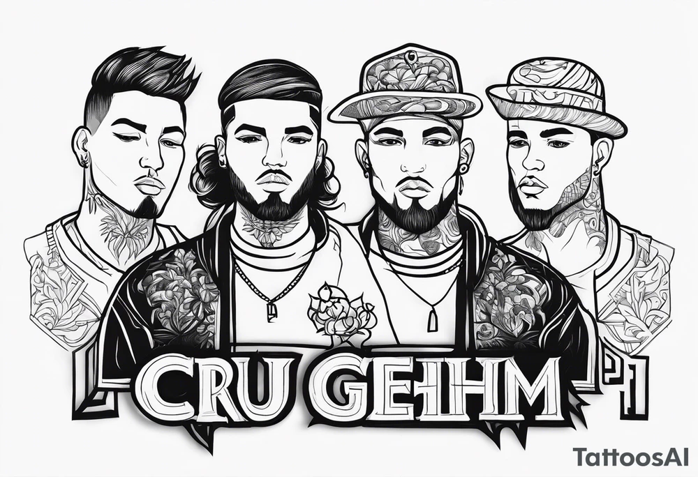 its about a boy group, called cru geheim, they are 4 men, they like to discuss, do not represent us 4 as humans, just make an icon with the saying "cru geheim" tattoo idea