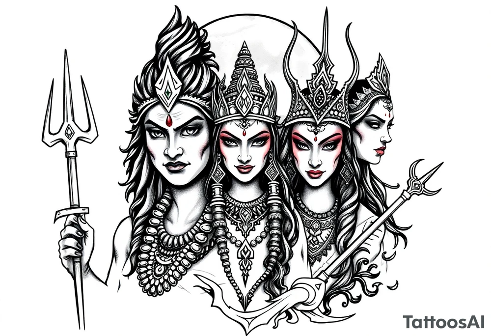 Lord Shiva, Godess Kali, Godess Lilith Together with the moon in the background tattoo idea