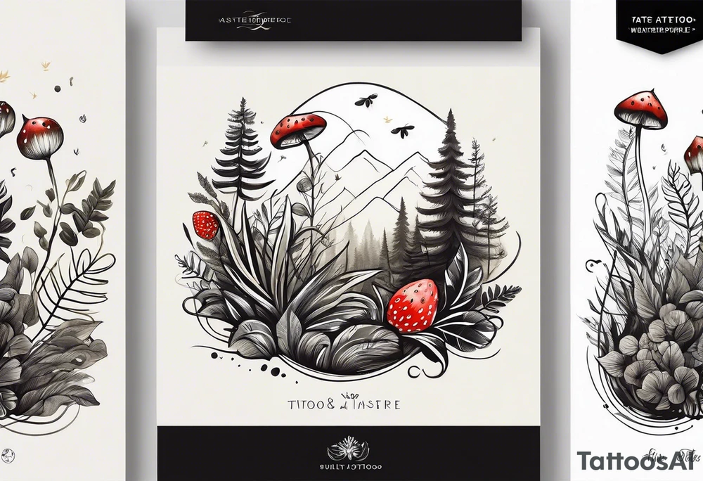 forest floor inspired minimalist tattoo, which includes grass, curly ferns and dead leaves as the bulk of the tattoo. details to include: three very tiny strawberries, a tiny bumblebee flying nearby, three small brown mushrooms tattoo idea