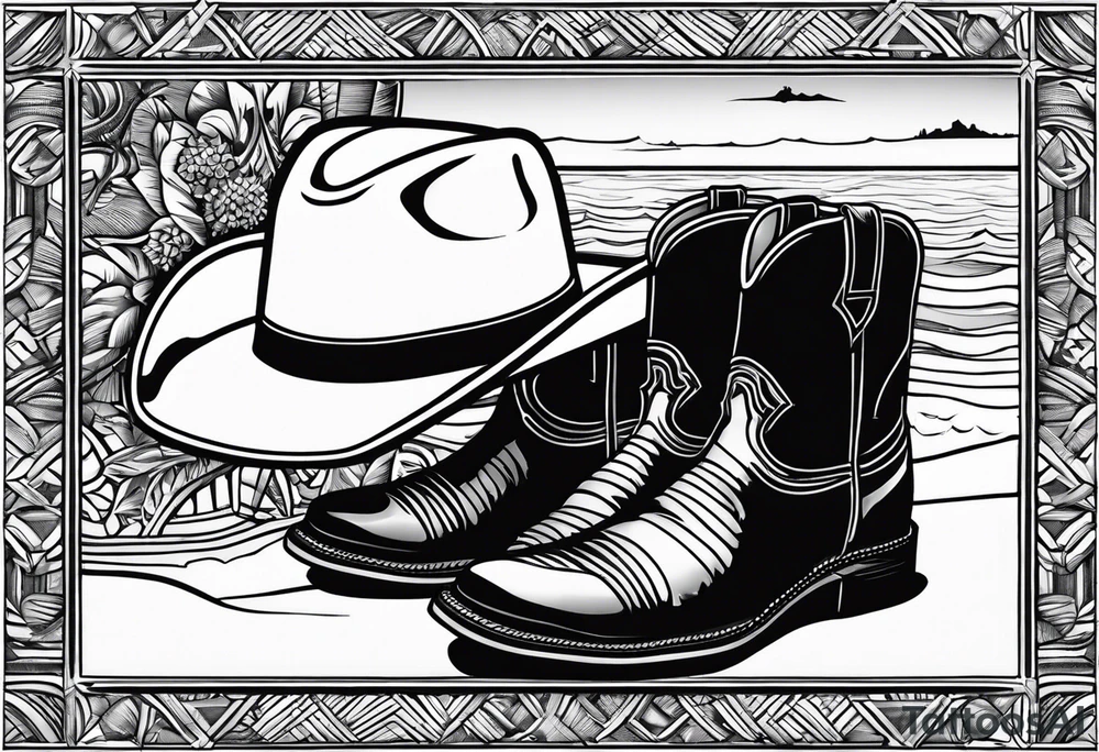 Keep it simple. A pair of mens boots next to two flip flops and a cowboyhat on the Beach. tattoo idea
