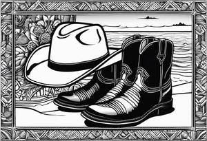 Keep it simple. A pair of mens boots next to two flip flops and a cowboyhat on the Beach. tattoo idea