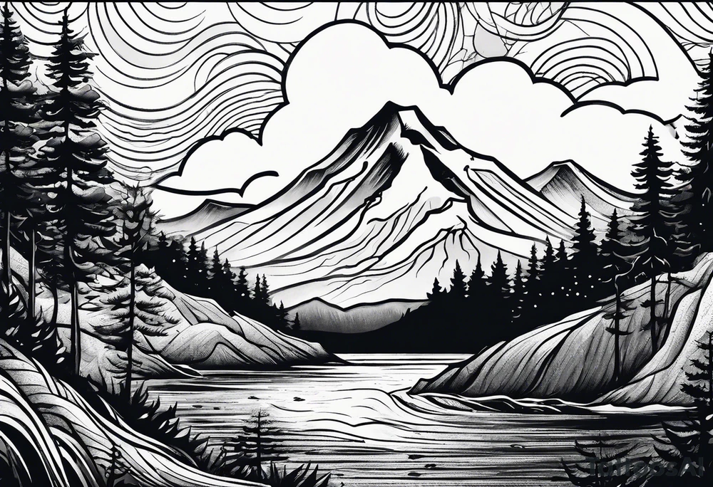 Mountain, engulfed by 2 waves. 3 stars above the mountain, trees at the bottom tattoo idea