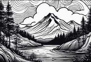 Mountain, engulfed by 2 waves. 3 stars above the mountain, trees at the bottom tattoo idea