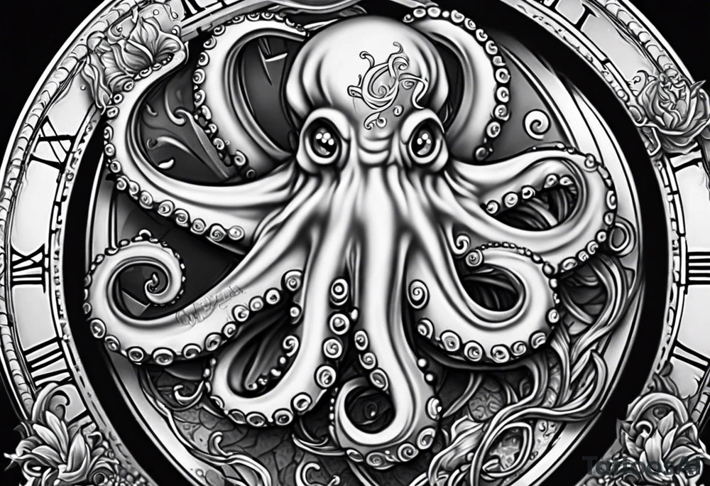 pocket watch wrapped under an aggressive octopus, sideways tattoo idea