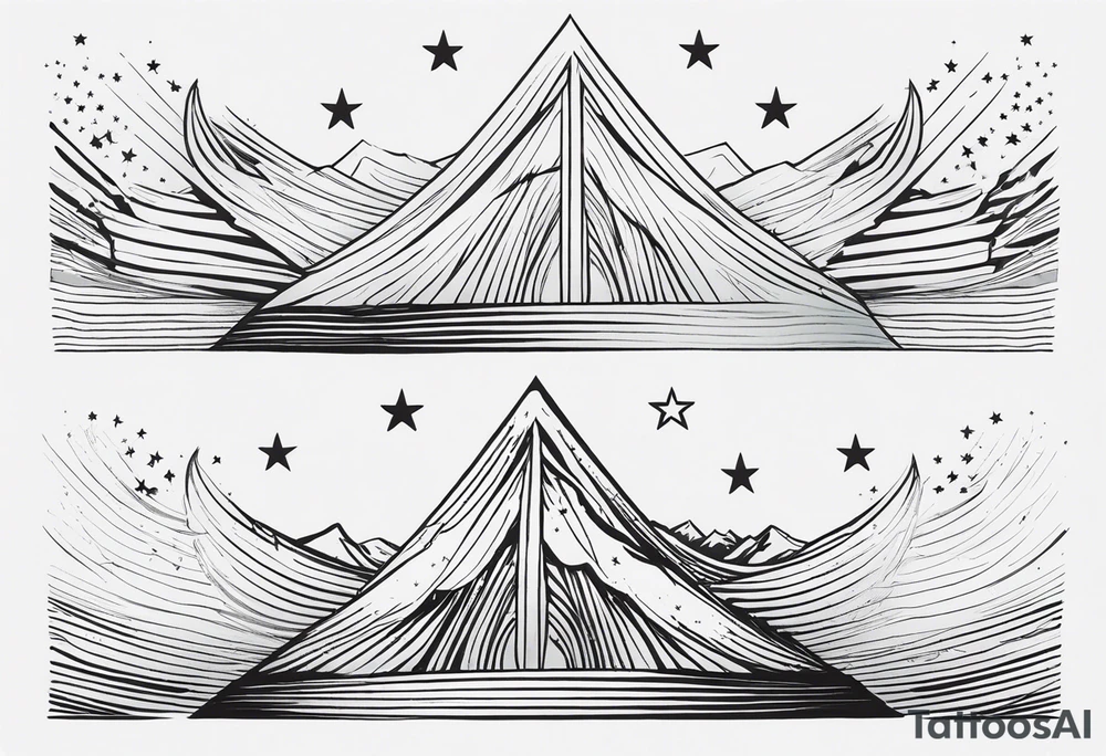 complete upper arm sleeve. Feature three mountain side by side, with 3 stars above them crossed sword patterns that evoke the Valkyrie spirit. Keep the design in clean, simple lines. tattoo idea