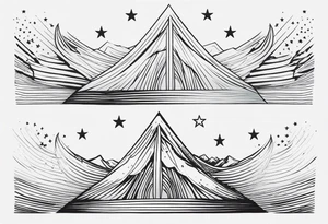 complete upper arm sleeve. Feature three mountain side by side, with 3 stars above them crossed sword patterns that evoke the Valkyrie spirit. Keep the design in clean, simple lines. tattoo idea