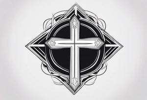 A minimalist tattoo featuring a cross rising from a dark background. The cross should be adorned with a small crown, symbolizing Christ's victory. tattoo idea