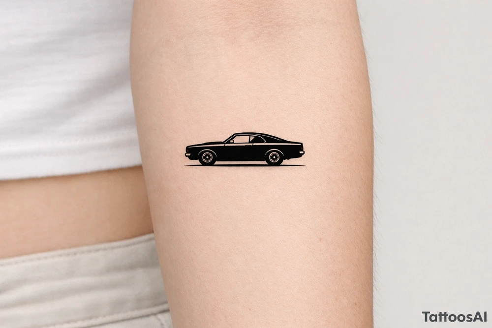 Blackwork silhouette of a vintage muscle car on forearm. tattoo idea