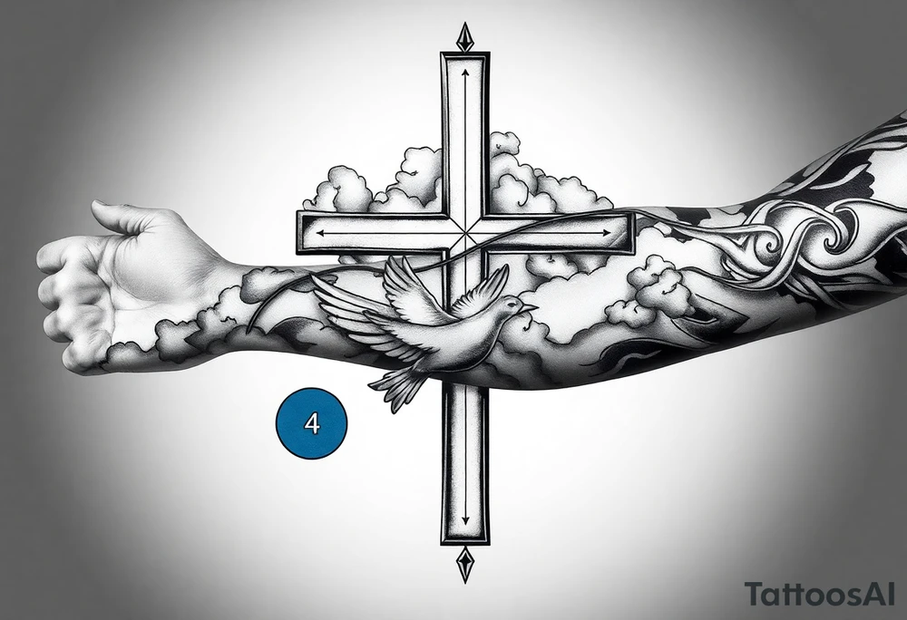 Big cross with clouds in the back everywhere  with a dove a the bottom left of the forearm with a blue circle ring it and the number 4 to the of the dove with whole tattoo covering the whole forearm and add fire and make sophisticated tattoo idea