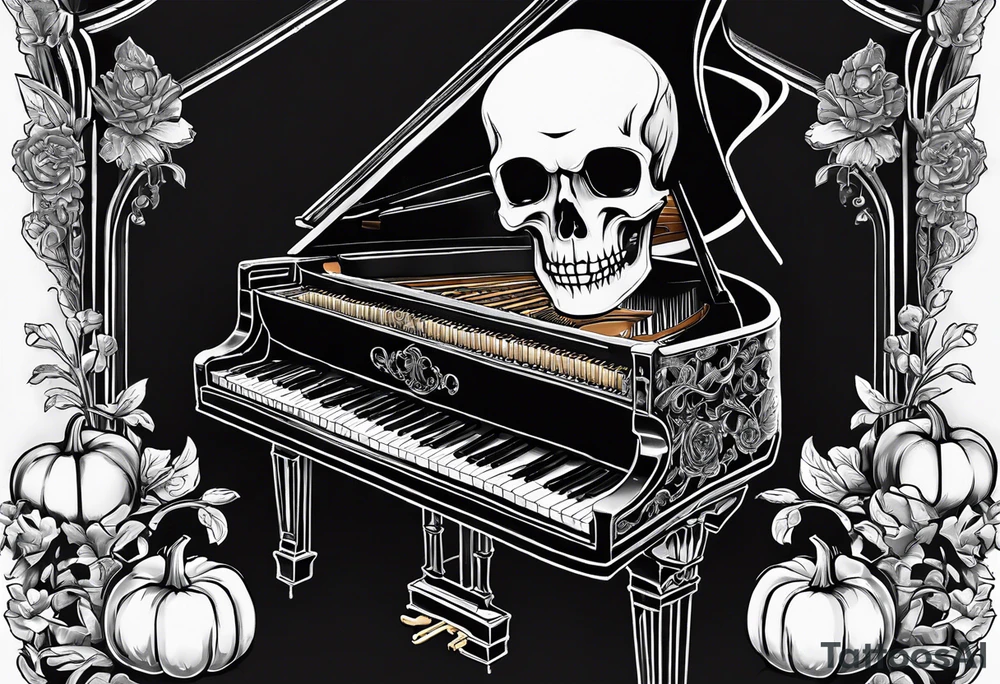 Skeleton playing a pumpkin grand piano with a candelabra sitting on the top in a cob webbed theater tattoo idea