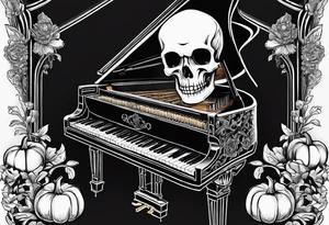 Skeleton playing a pumpkin grand piano with a candelabra sitting on the top in a cob webbed theater tattoo idea