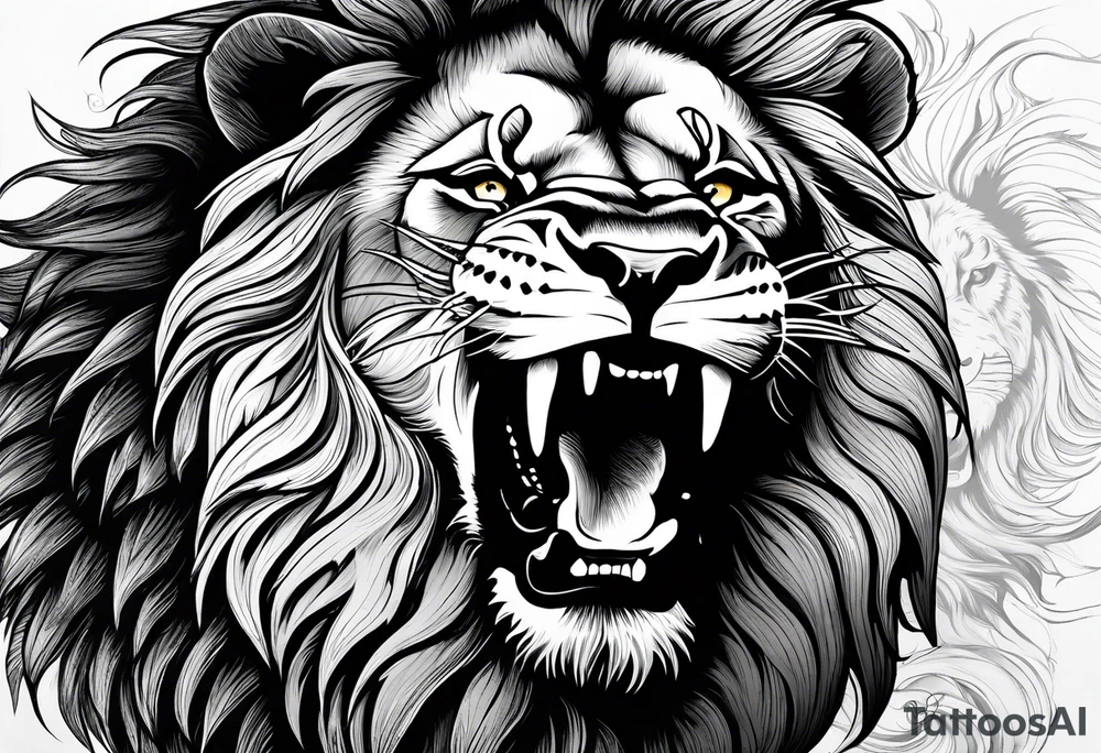 A roaring lion’s face with a flowing mane, emphasizing strength and courage, detailed fur textures tattoo idea